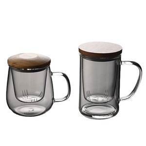 Transparent Glass <b>Tea</b> <b>Infuser</b> Cup With Wooden Lid And Handle Office Use Mushroom Shaped Straight Leg Design Solid Color - Product Image 5