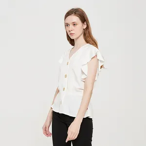 Venda de camisa fashion de verão, blusa feminina de manga curta com gola v, viscosa, confortável, branca/verde 170gsm
