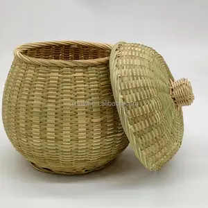 Keranjang bambu tenun labu dengan tutup, produk anyaman bambu keranjang penyimpanan kecil dengan penutup keranjang bambu