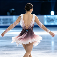 Robe de performance en mousseline irrégulière à manches longues, dégradé rose-brun, ornée de strass, pour patinage artistique