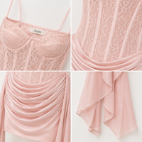 Anjie OEM ODM Robe Courte Corset Rose en Dentelle pour Femme, Jupe en Satin Drapée, Bustier en Mousseline avec Rubans, Marque Privée Personnalisée