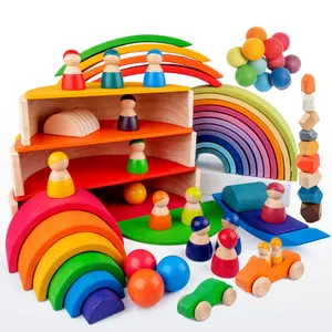 Solid Colorful Custom 12Pcs kid Montessori Game Educational Stone Bridge Rainbow Wooden Toy Stacking Stacker Kid Building Blocks