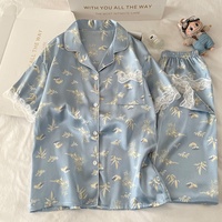 Pyjamas d'été chinois antiques nouveaux vêtements de maison à manches courtes costume petites fleurs fraîches soie de glace-sensation de fraîcheur taille élastique