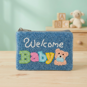 Pochette carrée à fermeture éclair brodée de perles, motif ours bleu de dessin animé, sac cadeau pour baby shower - Product Image 1