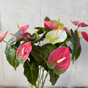 زهرة أنثوريوم اصطناعية مصنوعة يدويًا فرع زهرة أنثوريوم برأسين نبات أخضر أوراق الشجر لحفلات الزفاف في عيد الميلاد زهور عيد رأس السنة الجديدة - Product Image 2