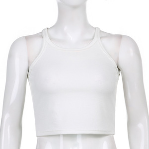 Camiseta sin Mangas de Algodón Blanca Informal para <span class=keywords><strong>Mujer</strong></span>, Top Corto Ajustado de Canalé para Fitness - Product Image 4