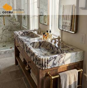<span class=keywords><strong>Lavabo</strong></span> <span class=keywords><strong>sur</strong></span> <span class=keywords><strong>pied</strong></span> en marbre Calacatta Viola fait main avec meuble en bois et plan de toilette en pierre naturelle pour salle de bain décorative - Product Image 2