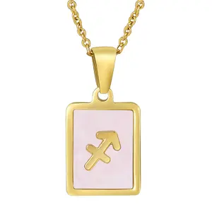 Jewelry Wholesale Gold Plated Stainless Steel Natural Pink Shell Pearl Zodiac Rectangle Pendant for Women