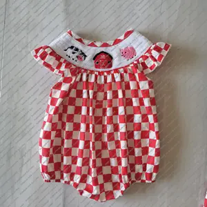 Puresun wholesale kids smock clothing farm embroidery red gingham bubble cotton baby clothes girl ruffle romper