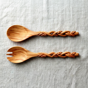 Ensemble cuillère et fourchette en bois faites à la main avec manche tressé, design traditionnel, pour le camping et la cuisine - Product Image 1