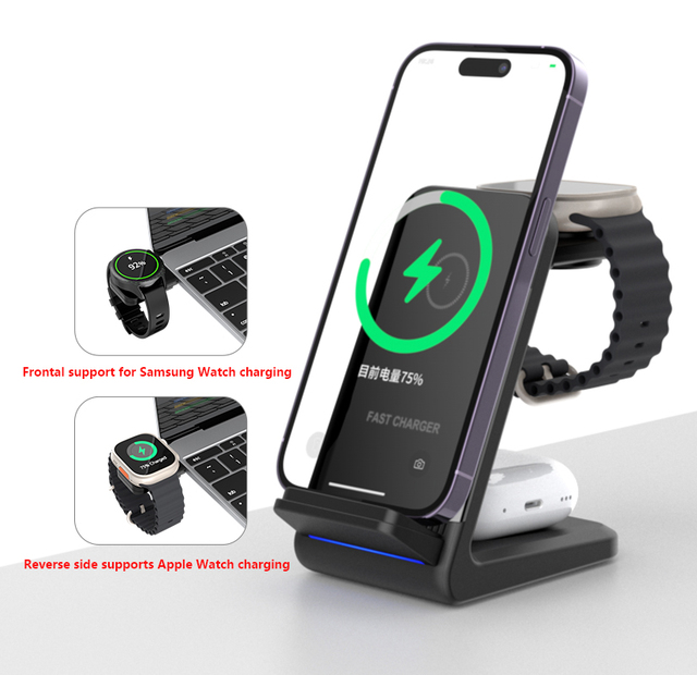 3 in 1 Wireless Charger 15W Magnetic Charging Station for iPhone Samsung Watch Phone Earbuds, Cost Effective CE FCC RoHS