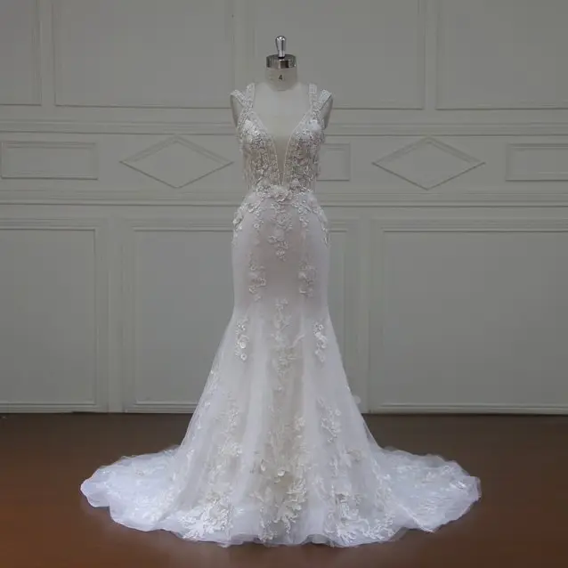 XF17011 abito da sposa con strascico a V con strascico staccabile abito da sposa in pizzo con perline 3D