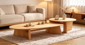 Modern Wooden Coffee <b>Table</b> Set Nesting Design Scandinavian Style Living Room Furniture Natural Finish Oval Shape - Product Image 3