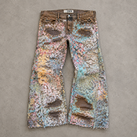 DiZNEW Jeans en denim premium délavé à la boue pour hommes, avec superposition de dentelle florale arc-en-ciel, coupe ample et jambe large, logo personnalisé, usine OEM