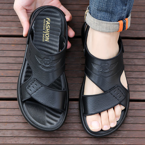 Sandales pour hommes à brides croisées en cuir véritable, bout ouvert, semelle extérieure en caoutchouc antidérapante, décontractées pour la plage - Product Image 4
