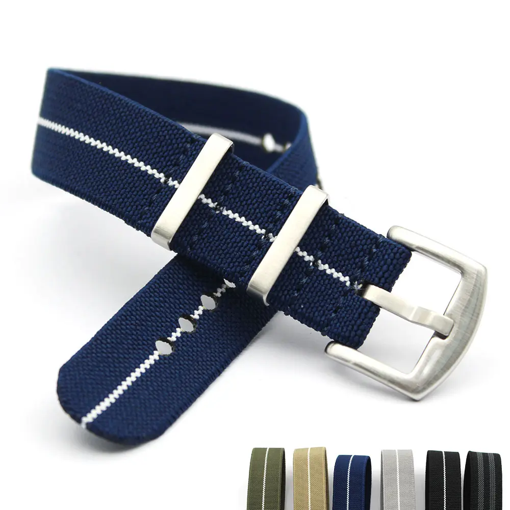 Tali jam tangan nilon bergaris, tebal biru putih 1.6mm tali jam elastis dapat diatur 20 mm 22mm 24mm