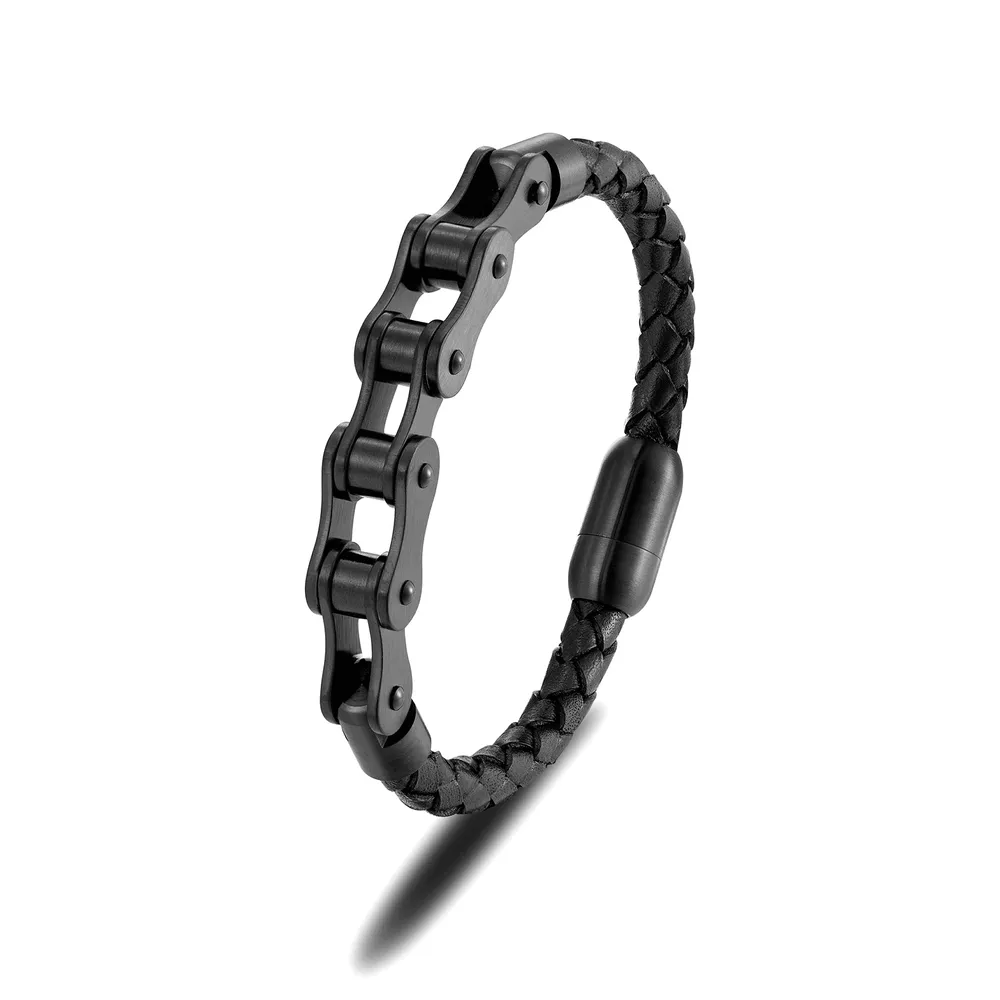High Quality Biker Jewelry Punk Style Stainless Steel Black Biker Motorcycle Chain Leather Rope Bracelet For Men