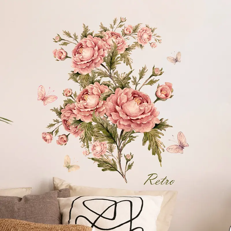美しい花の植物ピンク牡丹の花の壁のステッカー寝室のリビングルームの装飾壁紙自己粘着性のPVCステッカー