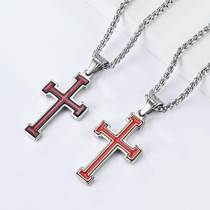 Stainless Steel <b>Cross</b> Pendant Necklace Unisex Geometric Design Red Inlay Bezel Setting - Product Image 2