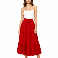 Jupe mi-longue évasée à taille haute élastique avec cordon de serrage, style européen et américain, élégante et fluide, à manches courtes.