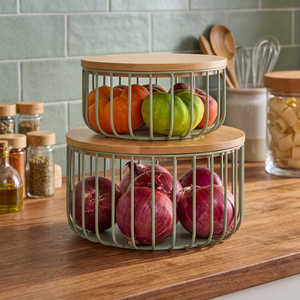 Paniers de rangement en métal à double niveau avec couvercles, récipients alimentaires ronds en acier inoxydable, organisateur de cuisine au design minimaliste - Product Image 3