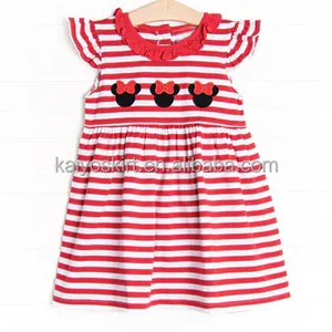 wholesale 95% cotton red and white stripe ruffle neck dress sleeveless casual dresses holiday