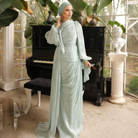 Robe de soirée longue de luxe islamique Eid Dubaï à manches lanternes pour femme, élégante, modeste, plissée, en satin, pour fête, Abaya musulmane, vente en gros