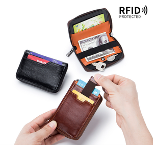 European American Retro Cowhide Men's Short <b>Wallet</b> First Layer with Zipper Closure Vertical Multi-Card Pull-Out <b>RFID</b> Card Bag - Product Image 4