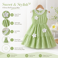 Nouvelle Robe d'été 2026 pour Filles, Modèle Fleurie Sans Manches, Robe Gâteau Superposée Douce, Col à Volants, Vert, Collection Boutique, Vente Chaude, Robes pour Enfants