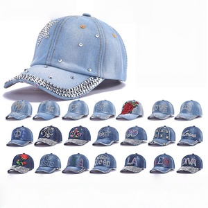 Gorra de béisbol bordada personalizada con corona de diamantes de imitación, gorra snapback vintage de mezclilla desgastada con brillo, gorras deportivas al por mayor - Product Image 1