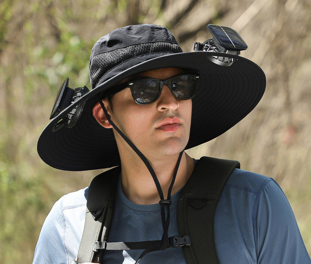 Wholesale Quick Drying Lightweight Adjustable Wide Brim Fishing Cap Solar Powered Fan Hat with 2 Removable Fans
