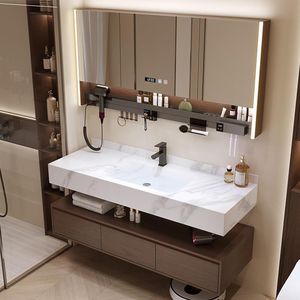 Household space saving double-layer rock panel intelligent <b>mirror</b> cabinet storage bathroom cabinet - Product Image 2