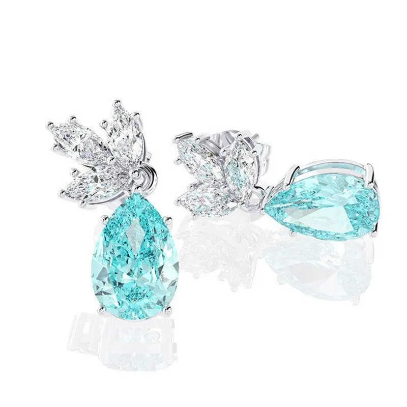 New Luxury Blue Cubic Zircon Dangle Earrings for Women Sparkling Geometry Crystal Bridal Wedding Jewelry Christmas Gift