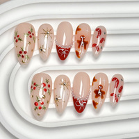 TSZS Support Custom 100% Pure Handmade Press on Nail Leopard Print French Almond False Nails with 3D Flower Cherry Decoration