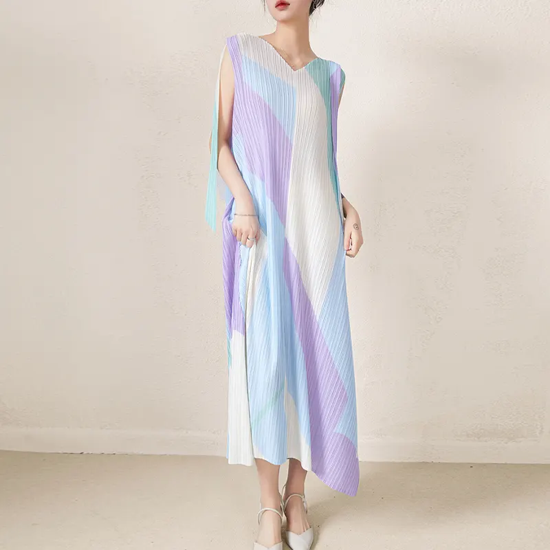 2023 più nuovi vestiti stampa geometria vestiti produttore piccoli ordini personalizzati Miyake pieghettato donne abiti lunghi