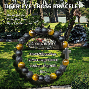 2026 Protection Cross <b>Bracelet</b> with Tiger Eye Stone Black Agate Hematite <b>Gold</b> Plated for Anniversary Occasion-Unisex Punk Style - Product Image 2