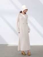 Robe longue d'hiver 100% cachemire pur pour femme, manches longues, fente latérale haute, col rond, longueur ras du sol, tricotée, coupe droite, douce et chaude