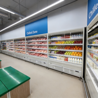 Multifunctionele verticale koelvitrine met open multideck koeling en luchtkoeling voor vers fruit, groenten en melk