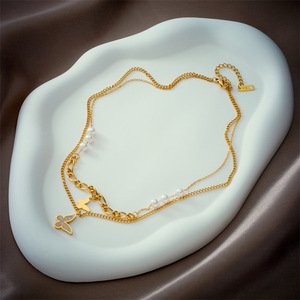 Double Layer Butterfly Pendant Necklace Gold Imitation Pearl Chain Party Jewelry Geometric Design N1835 - Product Image 3