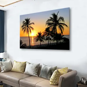 Новый дизайн Печать на холсте С закатом пальмы для домашнего декора Современная акварель морской пейзаж настенная живопись водонепроницаемый холст