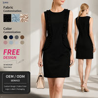 Robe fourreau noire pour femme, style business décontracté, sans manches, mini, en mousseline premium, avec volants, col rond, coupe ajustée, pour le bureau