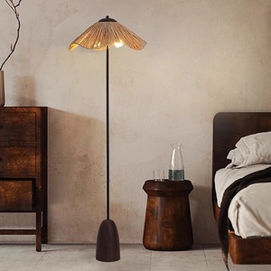 Wabi Sabi Style Floor Lamp Solid Wood Straw Weave LED Light Source Home Ambient Lighting 3-5 Meter Irradiation Area <b>Switch</b> - Product Image 1