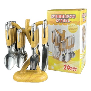 Houten Handvat Roestvrijstalen Bruiloft Bestek Mes Dienen Vork Lepel 24 Stuks Thuis Servies Bestek Set Met Rek - Product Image 1