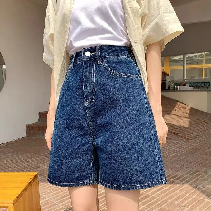 Short en jean Denim pour femme, pantalon court ample taille haute, fermeture éclair, poches fines, coupe droite, couleur unie, mode été 2022