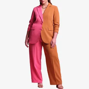 섹시한 우아한 여성 재킷과 바지 여성 블레이저 핑크 옐로우 스플 라이스 세련된 여성 복장 사무실 숙녀 2 PCS 여성 블레이저 정장