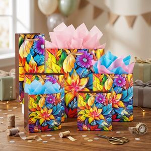 Colorful Floral Paper Gift Bags 6 Pack Assorted Party Favor Bags with <b>Tissue</b> Paper for <b>Wedding</b> Birthday Celebration - Product Image 4
