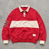 Sweat-shirt polo de rugby personnalisé rouge à blocs de couleur pour homme, avec patch universitaire brodé, coupe oversize, épais, à manches longues, style streetwear