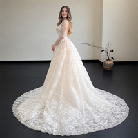 Robe de mariée en dentelle ivoire, épaules dénudées, manches longues Bardot, corset, traîne sirène, bordure festonnée, sur mesure, vente en gros