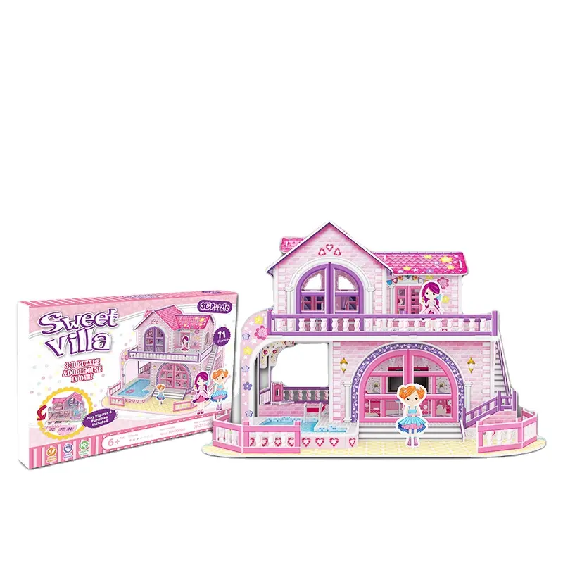 Maison de poupée de fille rose modèle en papier puzzle 3D jouet éducatif cadeau d'anniversaire