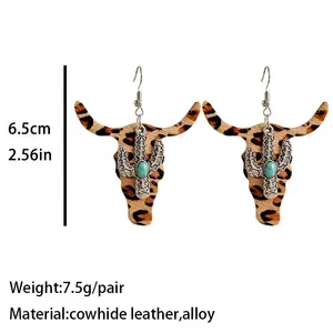 पश्चिमी शैली विंटेज गाय तेंदुए मुद्रित बैल सिर Cowhide चमड़े कान की बाली के लिए मरकत कैक्टस लटकन कान की बाली महिलाओं के गहने